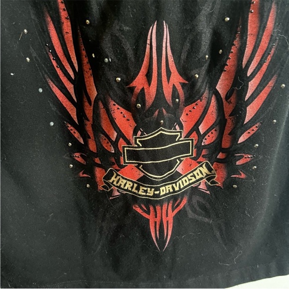 Harley Davidson tank top black red tattoo studded lace up sleeveless wings - Picture 2 of 8